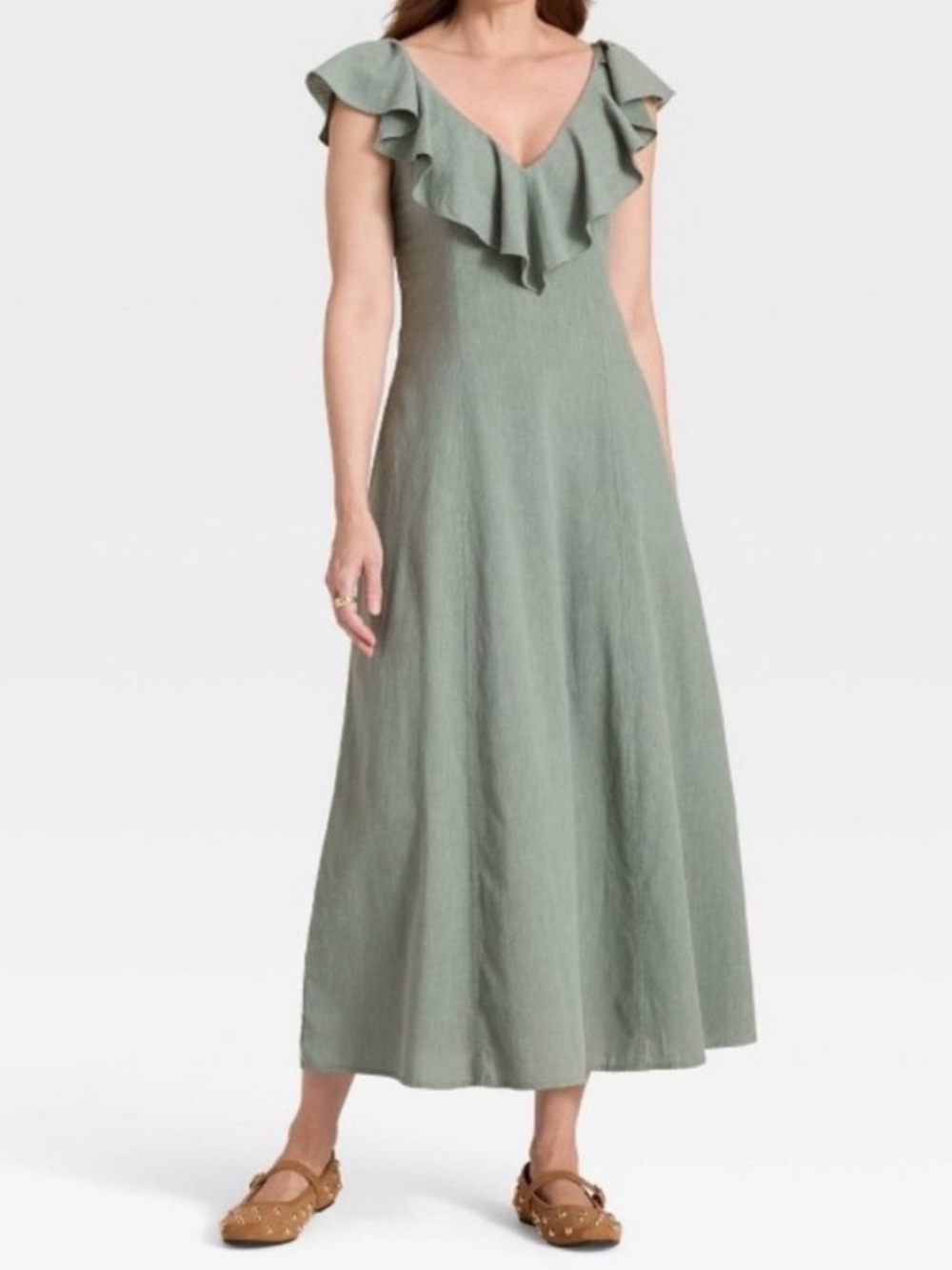 Universal Thread Green Ruffle Sleeve V-Neck Maxi Dress